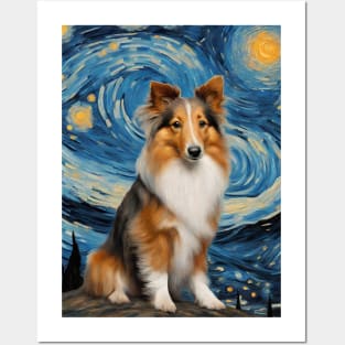 Shetland Sheepdog Dog Breed Painting in a Van Gogh Starry Night Art Style Posters and Art